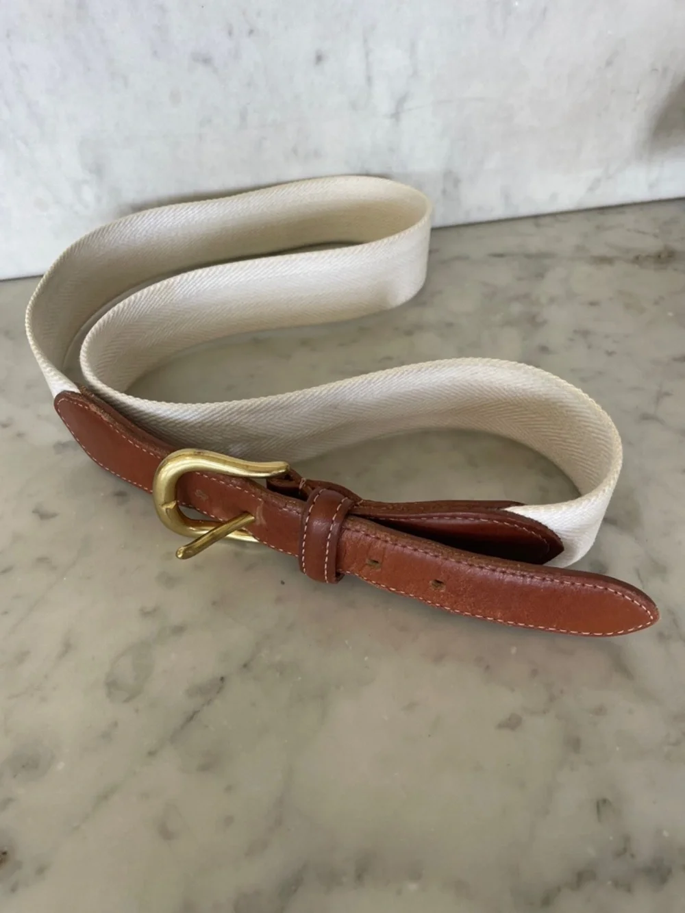 COACH Cream Canvas Belt Vintage Brown Leather Gold-Tone Buckle 36